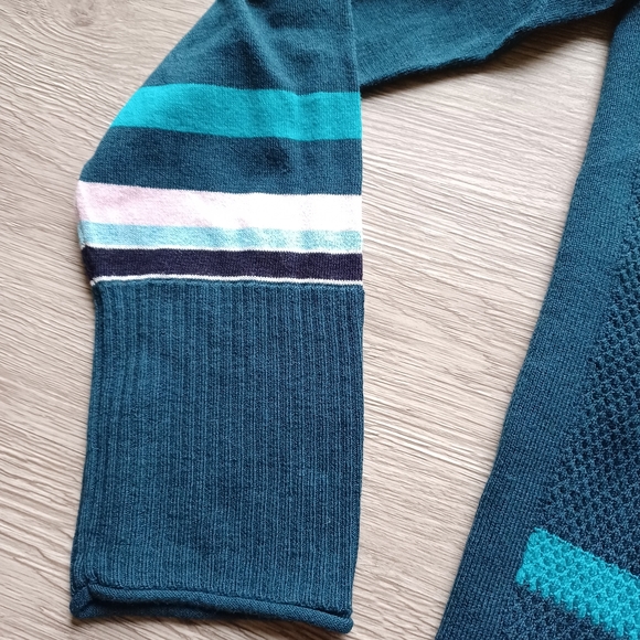 T by Talbots Deep Teal Waffle Knit Stripe Detail Jewel Neck Tunic Sweater - Picture 4 of 12